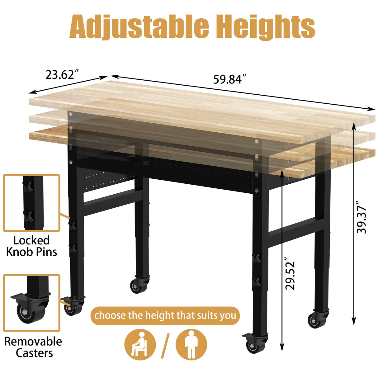 60" Adjustable Workbench，Multifunctional Rolling Heavy Duty Workbench with Wheels，Suitable for Large Capacity Rubberwood Countertop Workbench for Garage, Office, Workshop IBXFO