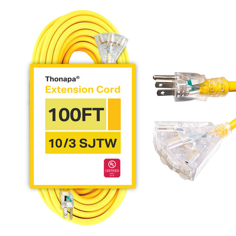 100 Foot Lighted Outdoor 15 Amp Extension Cord with 3 Electrical Power Outlets - 10/3 SJTW Yellow 10 Gauge Cable with 3 Prong Grounded Plug for Safety - Great for Garden and Major Appliances Thonapa