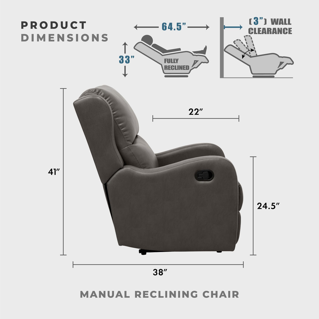 Lexicon Manual Recliner Chair, Reclining Sofa Chair, Home Theater Seating, Wall Hugger, Manual Recliner for Living Room/Office/Apartment, Easy Assembly, Gray Faux Leather Lexicon