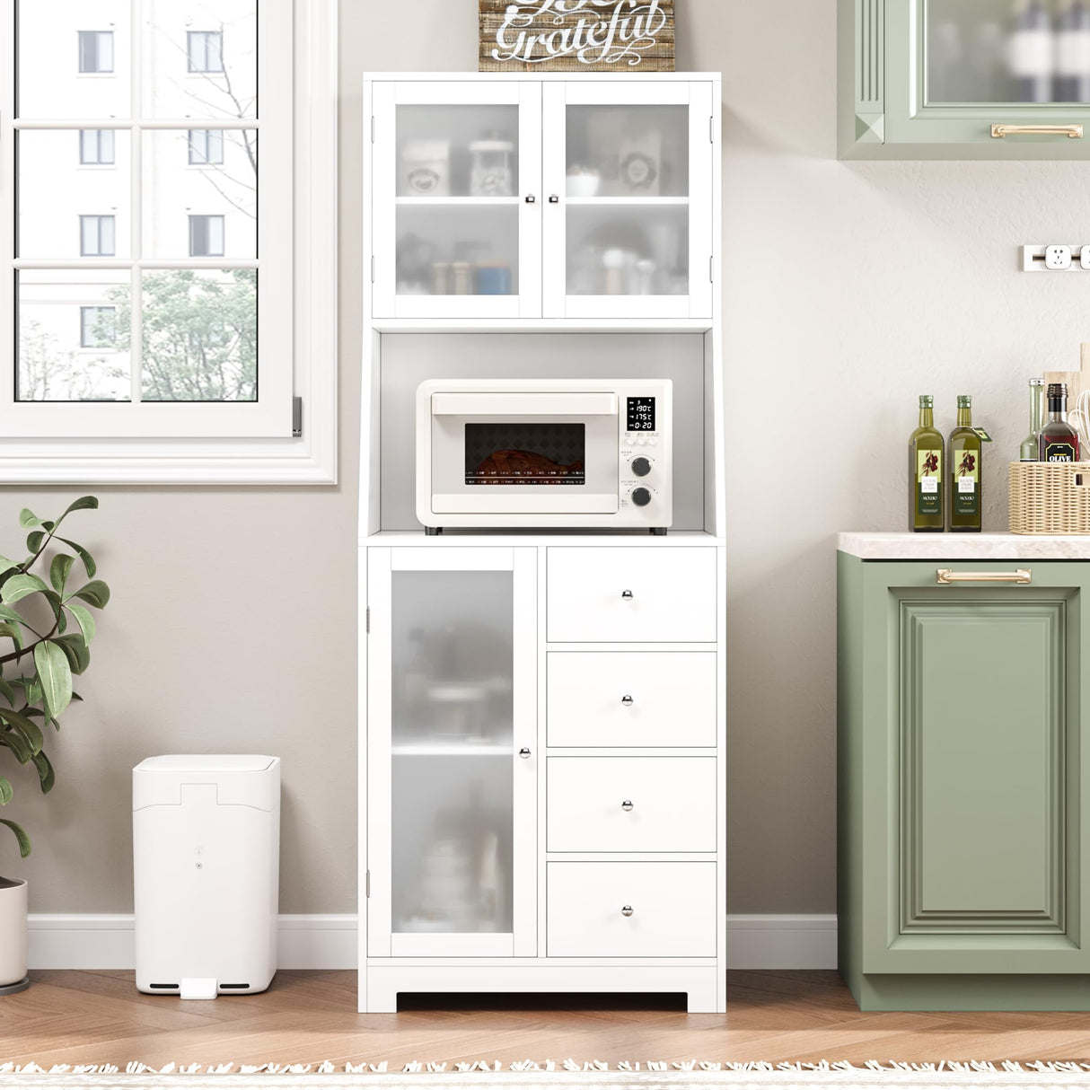 BOTLOG Kitchen Pantry Cabinet, 64'' Tall Kitchen Storage Cabinet with Doors and Adjustable Shelves, Freestanding Hutch Cupboard with Microwave Stand, BOTLOG