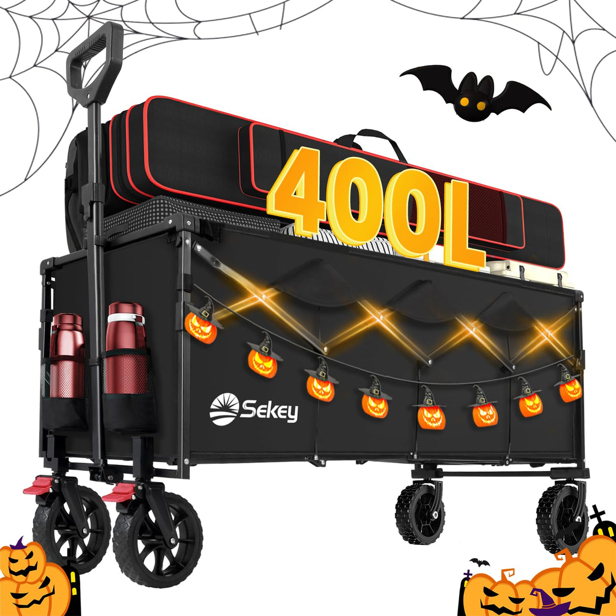 Sekey 43'' Extended Collapsible Wagon 400L Large Capacity, 440LBS Heavy Duty Folding Utility Garden Cart with All-Terrain Wheels for Camping, Sports, Shopping.Black Sekey