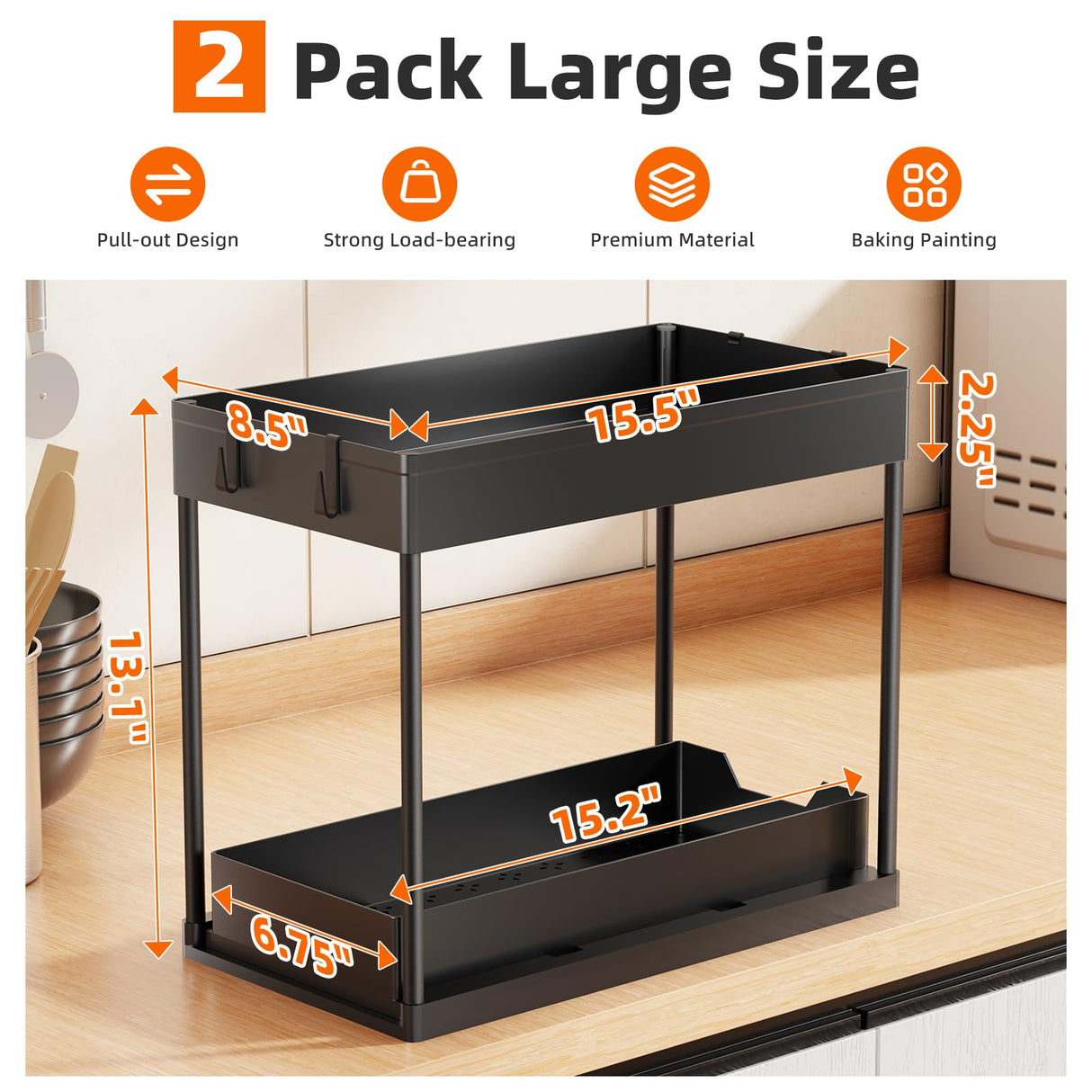 Simple Trending Under Sink Organizer 2 Pack, Sink Pull-Out Sliding Storage Cabinet, 2-Tier Under Shelf Organizer for Kitchen Bathroom, Black Simple Trending