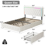 LED Queen Bed Frame with 4 Storage Drawers and Adjustable Headboard, Modern Velvet Upholstered Platform Bed Frame Queen Size with Charging Station, Wooden Slats Support, No Box Spring Needed, White QFP