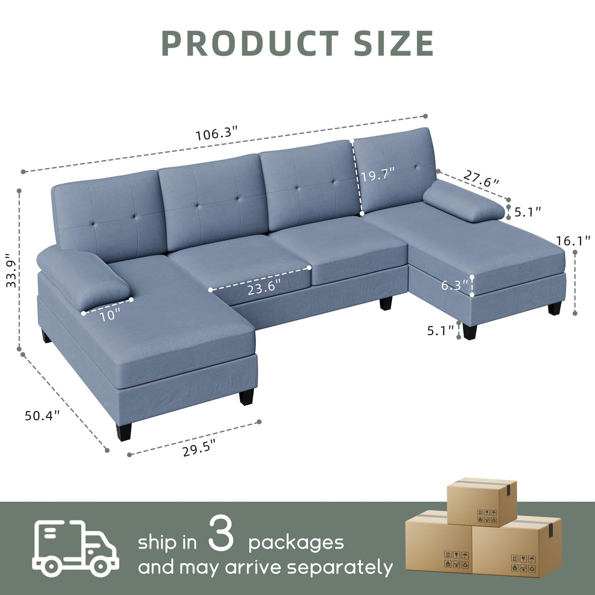 Shintenchi Sectional Couches for Living Room, U Shaped Sofa Couch with Double Chaise, 4-Seat Living Room Furniture Sets with Soft Cushion & Linen Fabric, Blue Shintenchi