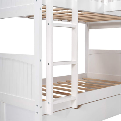 Wood Triple Bunk Bed with Drawers, L-Shaped Bunk Beds for 3, Twin Over Twin Bunk Bed with a Loft Bed Attached for Kids, Teens, Adults (White)