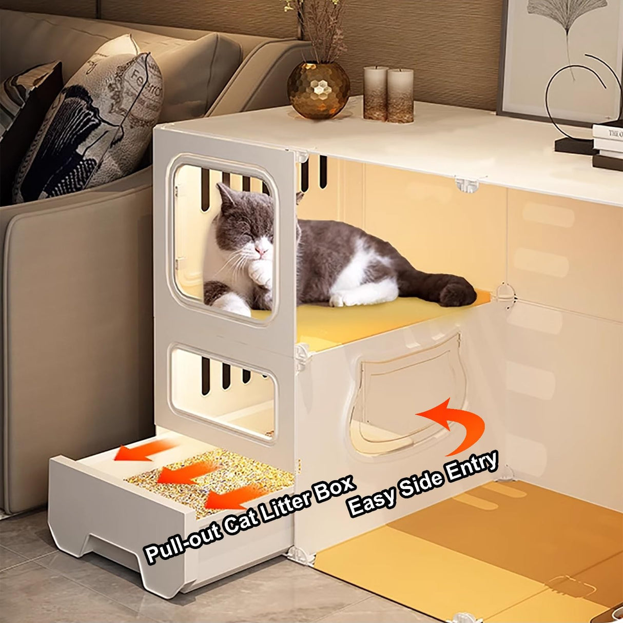 Cat Cages Indoor with Litter Box, Thicken Plastic + Resin Material, 2/3-Tier Large Indoor Enclosure with Transparent Windows and Knob Locks(White,27.9x18.3x41.7in) SASNMEO