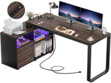Homieasy L Shaped Desk with File Cabinet & Power Outlet, Reversible 55 Inch Large Corner Computer Desks with LED Strip, L-Shaped Computer Desk with Drawers and Storage Shelves, Espresso Homieasy