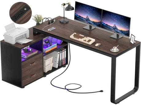 Homieasy L Shaped Desk with File Cabinet & Power Outlet, Reversible 55 Inch Large Corner Computer Desks with LED Strip, L-Shaped Computer Desk with Drawers and Storage Shelves, Espresso Homieasy