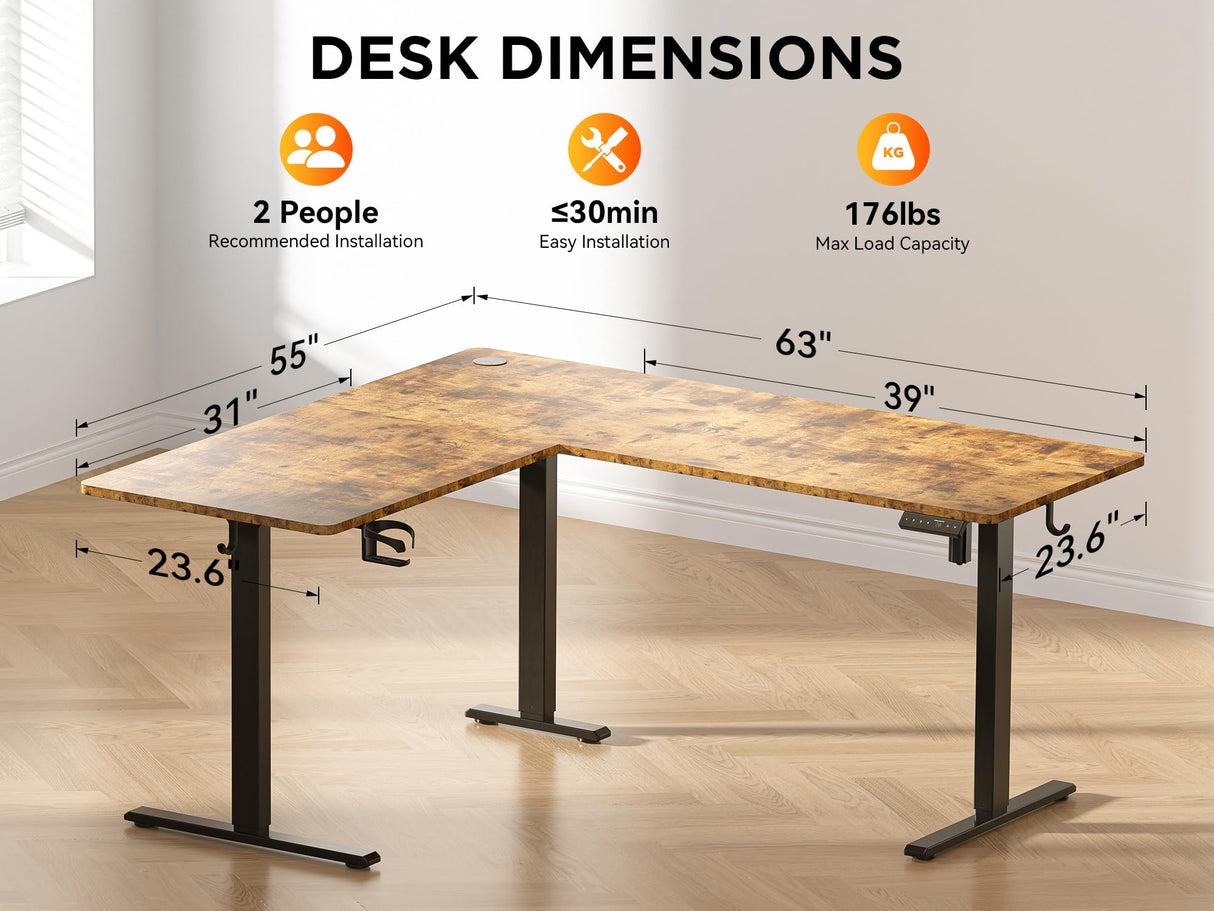 WALKINGDESK 63X55 Inches Reversible L Shaped Standing Desk Height Adjustable with Cup Holder, Electric Corner Computer Desk, Sit Stand up Home Office Desk, Ergonomic Gaming Desk, Rustic Brown WALKINGDESK