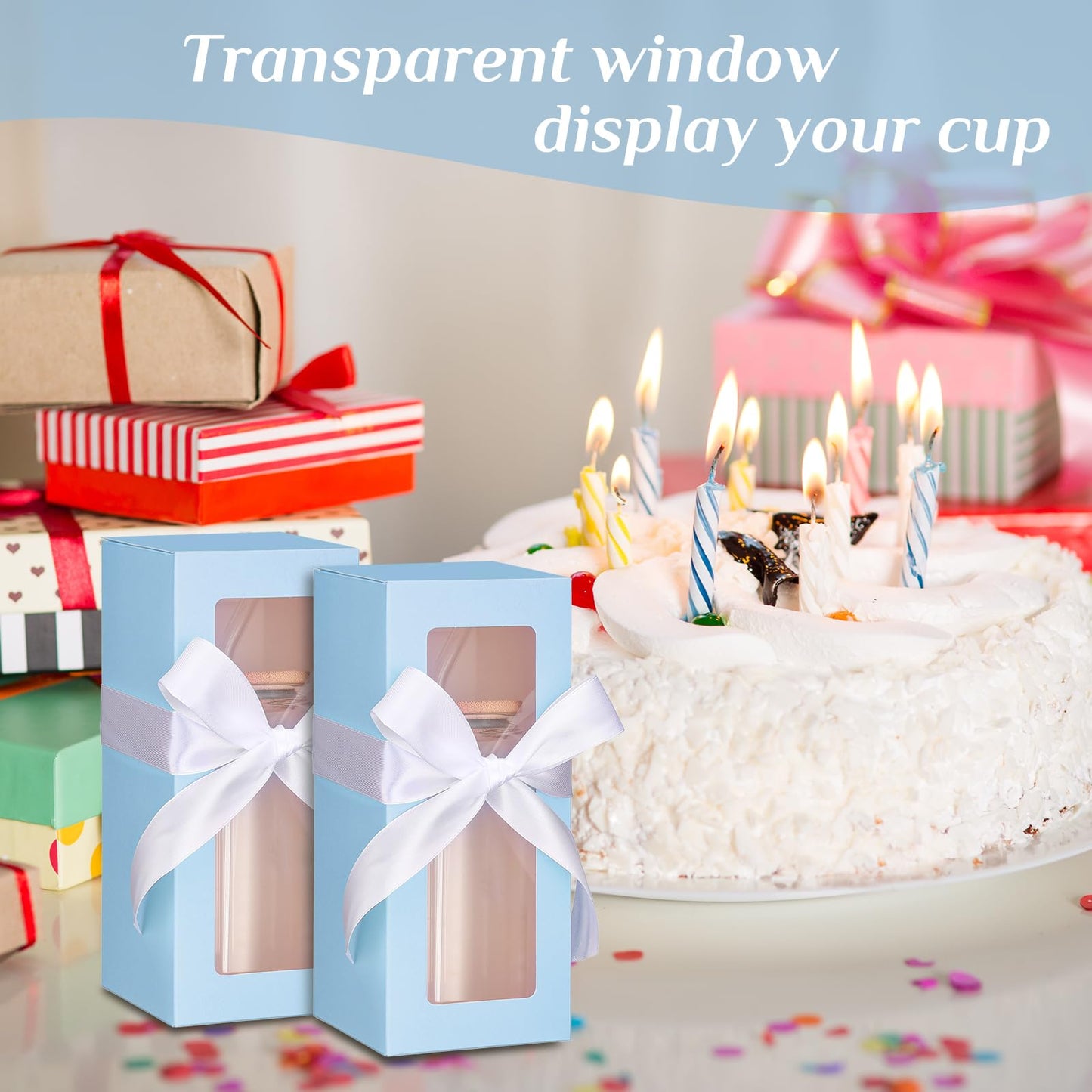 Honoson 24 Pcs Gift Boxes with Ribbon for Sublimation Glass Exhibition Boxes Transparent Gift Box for 12oz 16oz 20oz Drinking Glasses Jars Sublimation Glass Can Blanks Tumbler Gift Box(Light Blue)