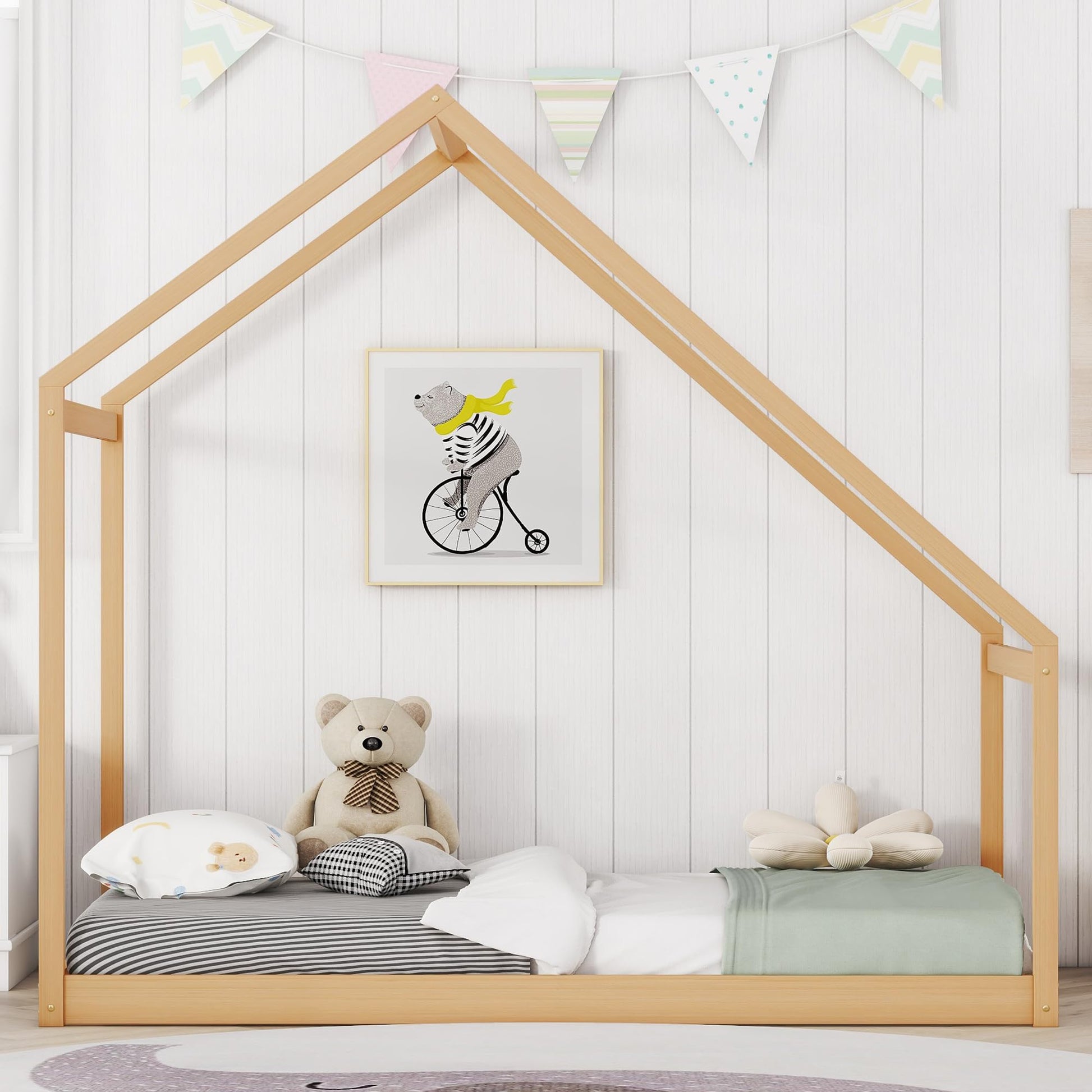 Merax Kids Twin Bed Frame with Rooftop, Montessori Wooden House Design, Sturdy and Easy to Assemble - WoodArtSupply