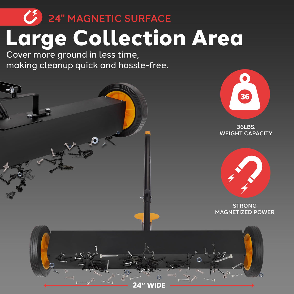 Pyle 24” Rolling Magnetic Sweeper with Adjustable Handle - Strong and Durable Metal Construction, Heavy-Duty Cleaning, Metal Pickup for Industrial and Commercial Use (Black and Orange) Pyle