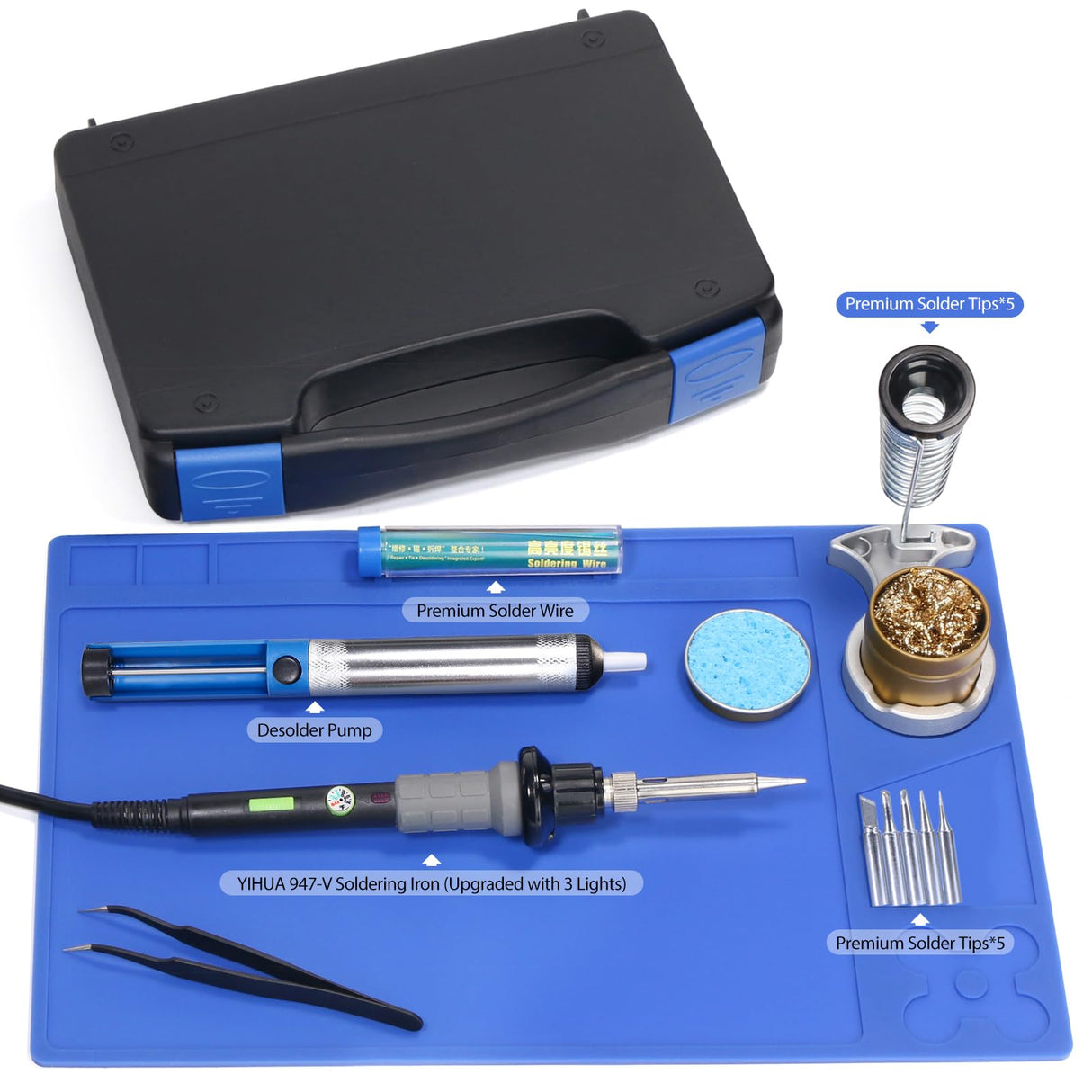YIHUA 947-V Soldering Iron Kit with 3 LED Lights, Temperature Control, 5 Premium Solder Tips, Desoldering Pump, Indicator & ON/OFF Switch-60 Watts Soldering Iron, Solder Wire, Tip Cleaner, and more. YIHUA