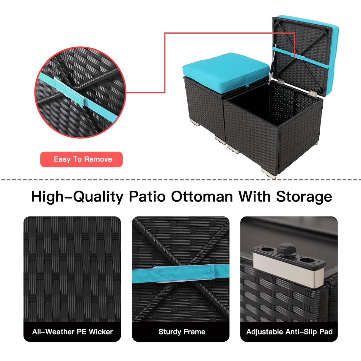 Y Enjoy 2-Pieces Outside Rattan Ottomans，Multipurpose Outdoor Furniture for Patio, Backyard, Additional Seating, Footrest, Side Table w/Storage, Removable Cushions Y ENJOY YOUR DAY I YING