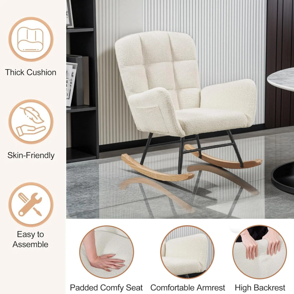 oaaktu Rocking Chair for Nursery, Upholstered Glider with High Backrest, Nursery Rocker Comfortable Stylish Accent Armchair for Living Rooms Bedrooms Offices (Beige Teddy) oaaktu