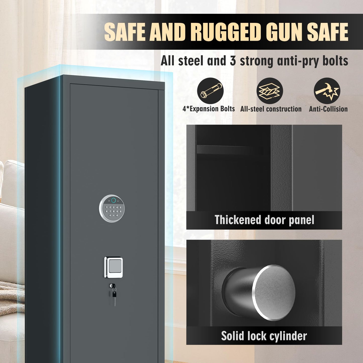 Metallitrend 10-15 Large Gun Safe Cabinet with 3 Pistol Pouches,Rifle Gun Safes for Home Fireproof Waterproof Adjustable Rack and Biometric Lock,Heavy-Duty Gun Safes for Rifles and Shotguns Money