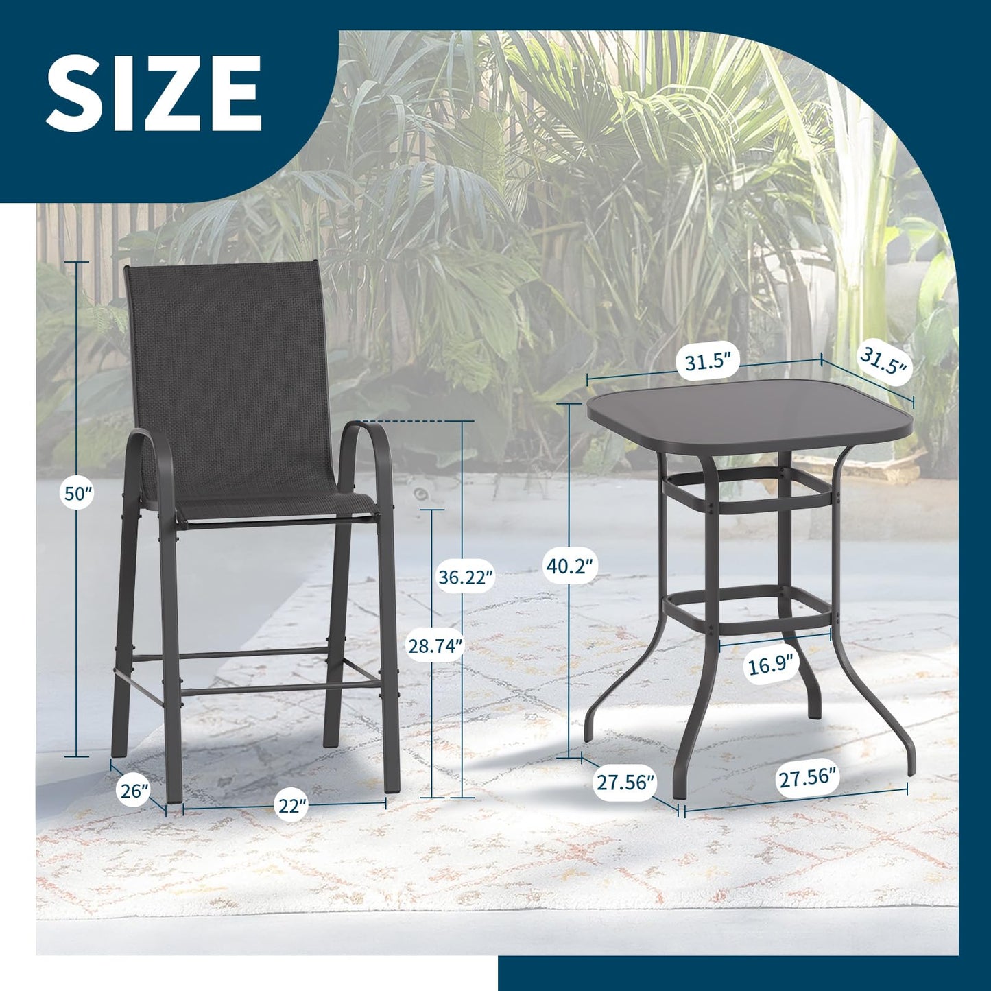 Amopatio 5 Piece Patio Bistro Set with 4 Bar Chairs and Glass Table, All-Weather Textilene Patio Bar Stools, Sturdy Outdoor High Top Table and Chairs for 4 for Backyard, Porch, Balcony, Black