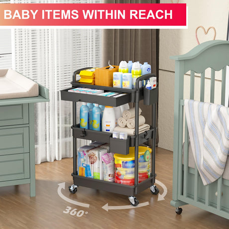 Goovilla 3 Tier Rolling Utility Cart Organizer with Removable Drawer, Stable and Sturdy Black Rolling Storage Carts with 2 Lockable Wheels for Bathroom, Kitchen, Snack, Craft, Makeup, Baby Essentials Goovilla