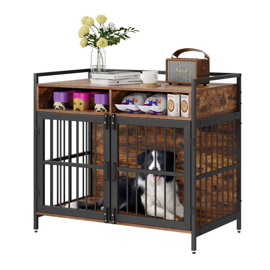 VEVOR Furniture Style Dog Crate with Storage, 41 inch Dog Crate Furniture Large Breed with Double Doors, Wooden Dog Cage for Large/Medium Dog Indoor, Hold up to 70 lbs, Rustic Brown - WoodArtSupply