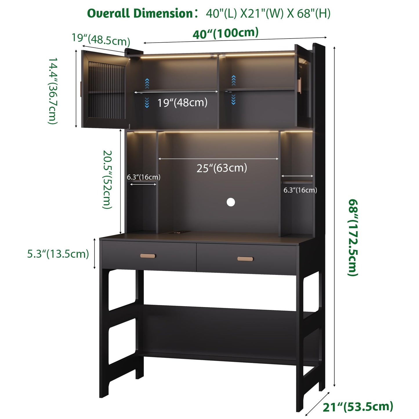 Vlsrka LED Computer Desk with Hutch, 40 Inch Modern Gaming Desk with Power Outlet, Wooden Home Office Desk with Storage Drawers & Shelves (Black) - WoodArtSupply