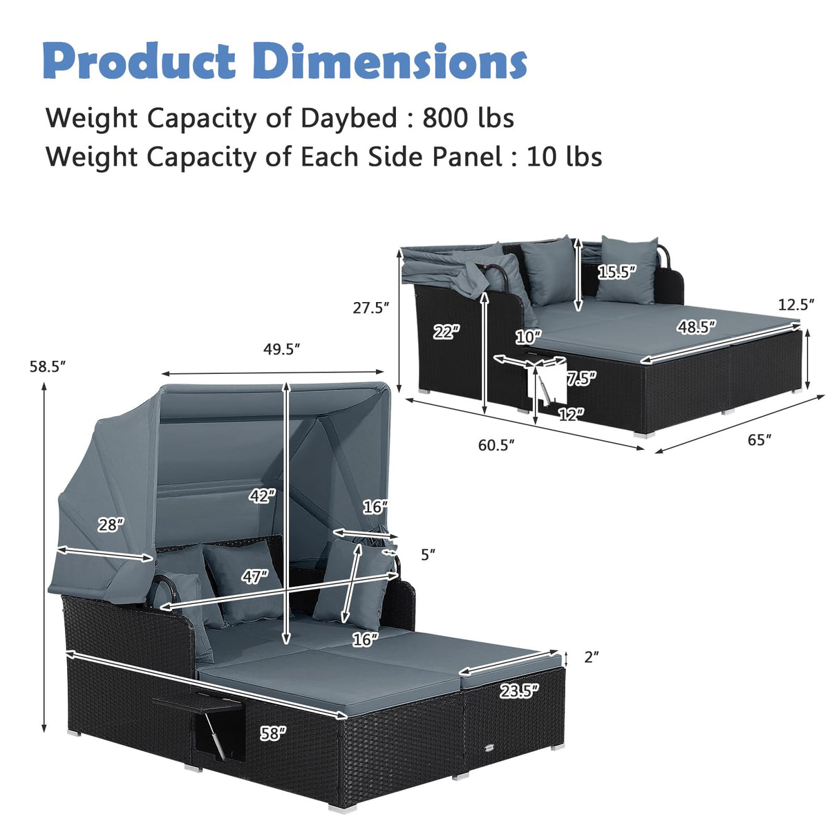 Salches Outdoor Rattan Daybed with Retractable Canopy, High-Resilient Soft Cushions, Foldable Side Trays, Outdoor Bed Loveseat for Garden, Backyard, Porch (Gray) Generic