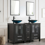 60" Black Bathroom Vanity,Double Vanity,0.5"Tempered Glass Vessel Sink (Light Blue),ORB Faucet,Drain Parts,Bathroom Vanity Top,Glass Sink Bowl,Vanity Pedestal,Mounting Ring Include,Mirror Not Included U-Eway
