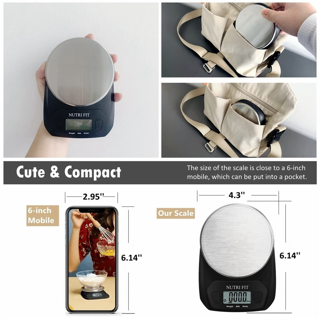 NUTRI FIT Digital Food Scale Small Kitchen Scales Weight in Grams and OZ for Cooking Baking Weight Loss, Stainless Steel Tare & Backlit LCD Display, Black NUTRI FIT