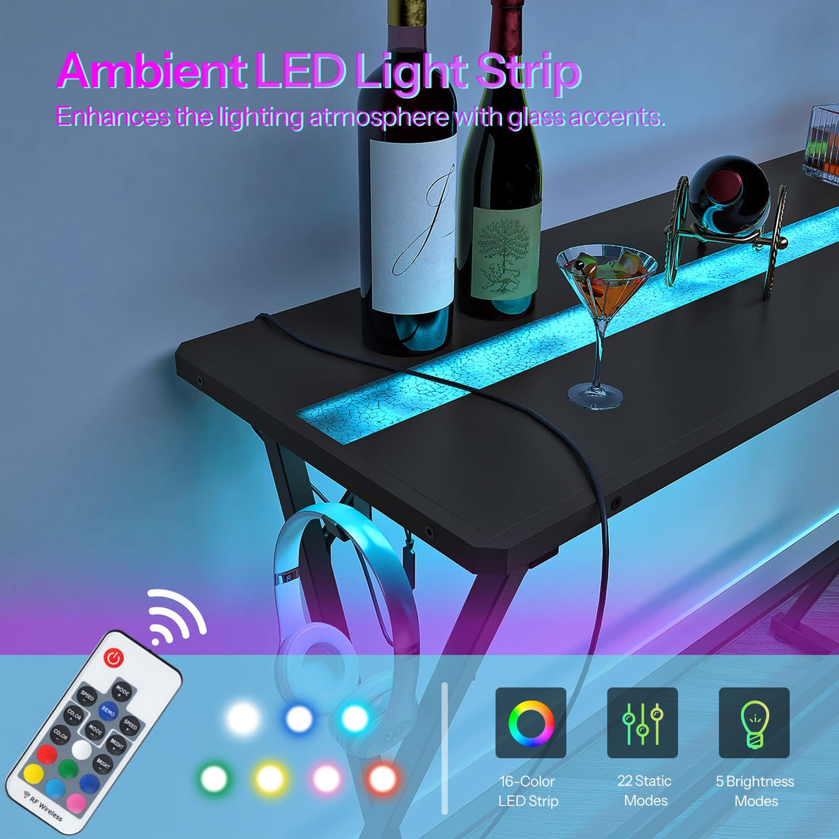 HOOBRO Bar Table,47.1" Rectangular Pub Table,Tall Counter Bar Height Table with LED Light and Glass Decoration, Modern Dining Table Footrests, for Dining Room, Pub, Tavern, Black BB68DBT01 HOOBRO