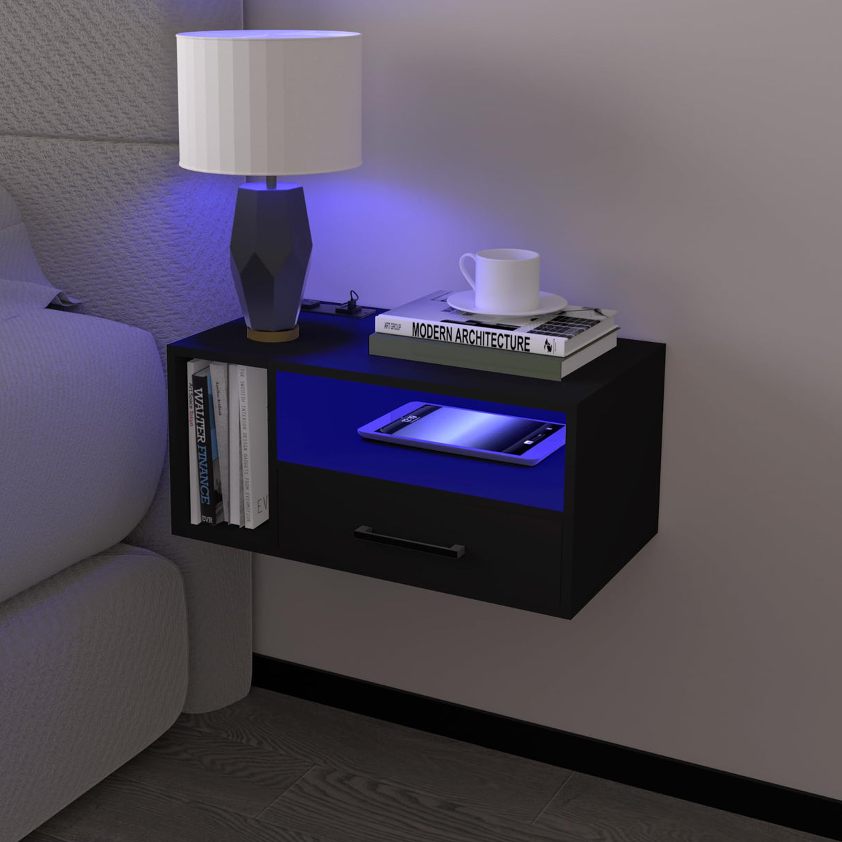 Homaterial Floating Nightstand with Charging Station and LED Lights, Floating Bedside Table with Drawers Wall Mounted Nightstands,for Bedroom Room, 21.3" x 11.8" x 10",Black Homaterial
