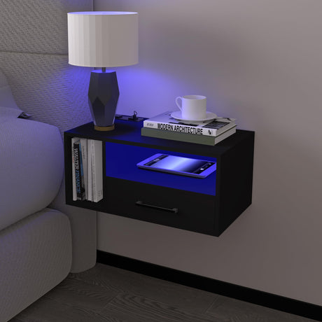 Homaterial Floating Nightstand with Charging Station and LED Lights, Floating Bedside Table with Drawers Wall Mounted Nightstands,for Bedroom Room, 21.3" x 11.8" x 10",Black Homaterial