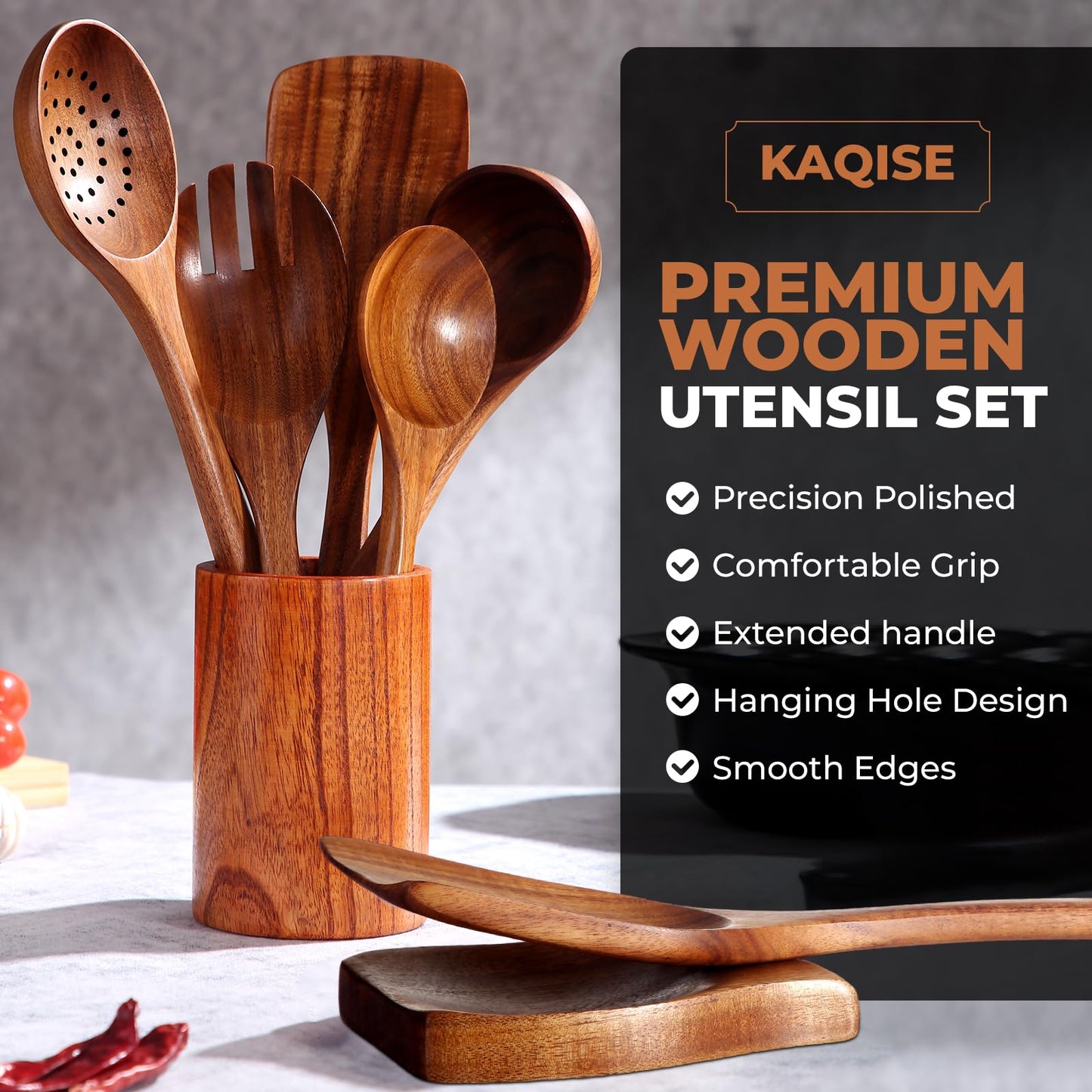 KAQISE Wooden Spoons for Cooking, Kitchen Essential Wooden Utensils Set, Teak Wood Cooking Utensils Set for Families（8 Pieces ）