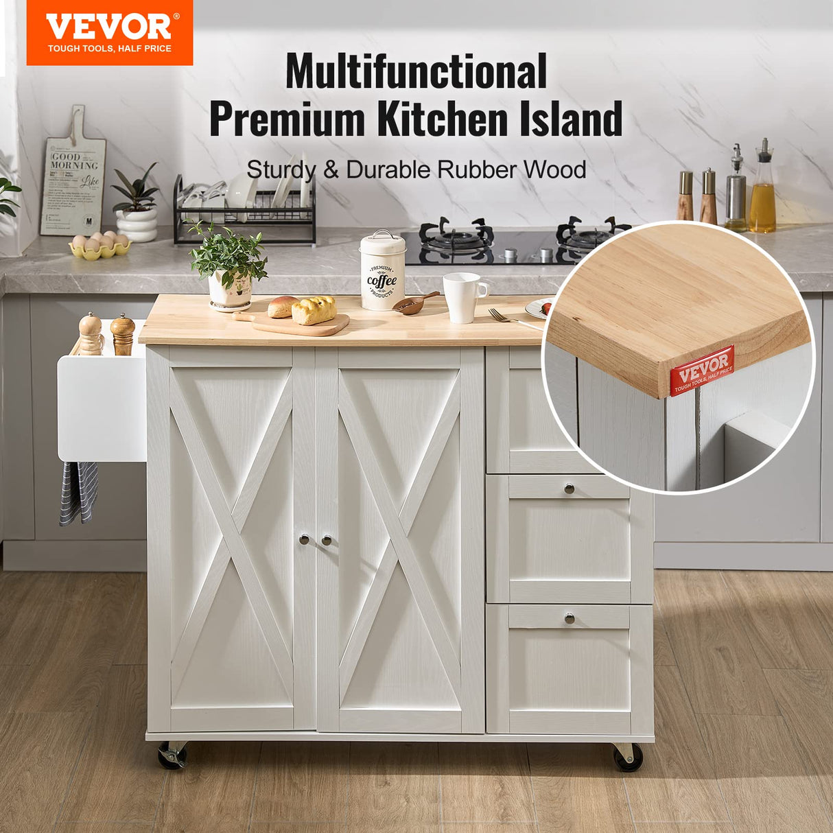 VEVOR Kitchen Island Cart with Solid Wood Top, 45.3" Width Mobile Carts with Storage Cabinet, Rolling Kitchen Table with Spice Rack, Towel Rack, Drop Leaf and Drawer, Portable Islands on Wheels, White VEVOR