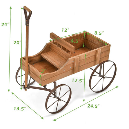 Giantex Decorative Garden Planter, Small Wagon Cart with Metal Wheels, Wood Raised Beds Plant Pot Stand for Backyard Garden Patio 24.5"x13.5"x24" (Natural)