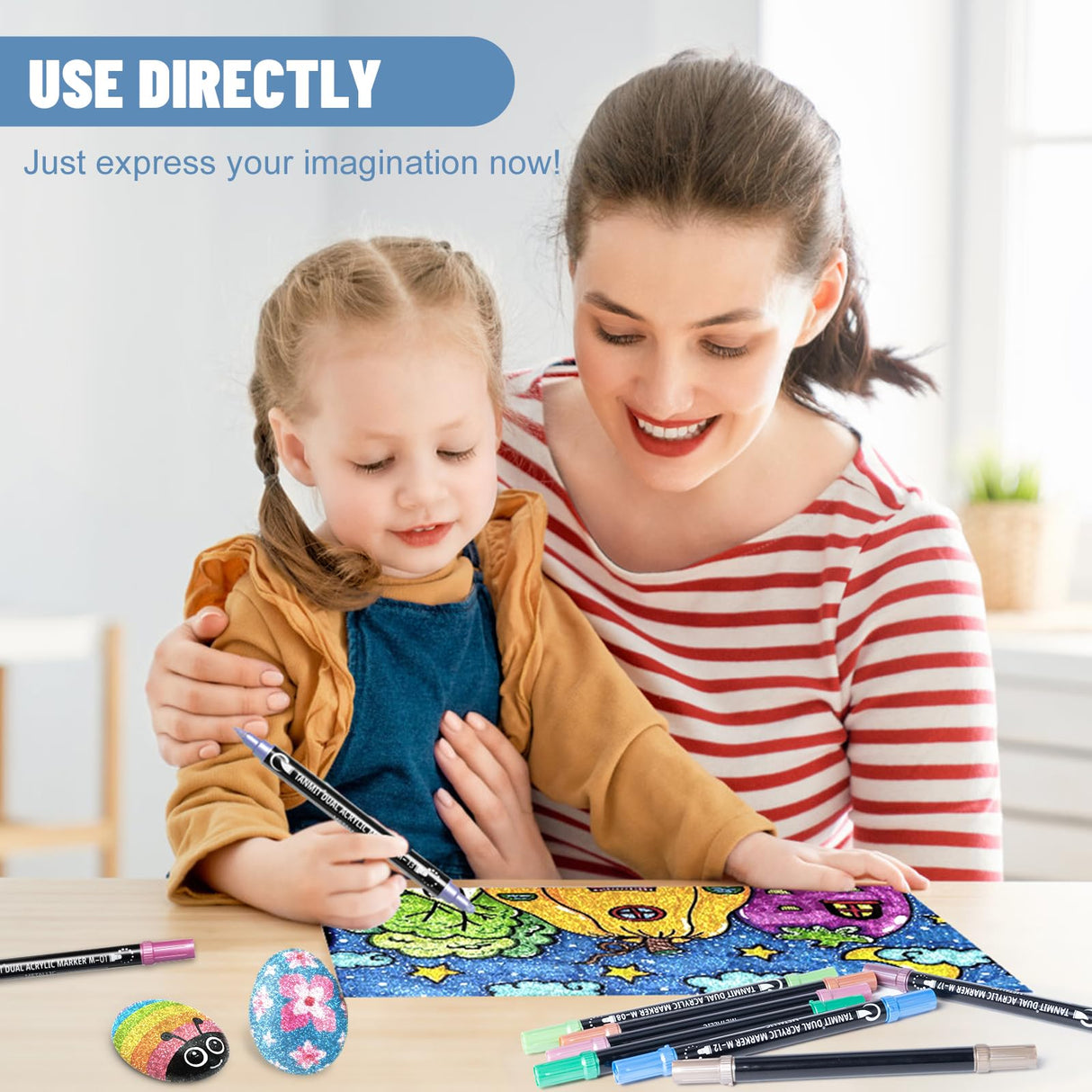 28 Metallic Colors Acrylic Paint Markers, Dual Tip Acrylic Paint Pens for Rock Painting, Black Paper, Wood, Canvas, Stone, Glass, Ceramic, DIY Crafts Making Art Supplies (Brush Tip and Round Tip) TANMIT