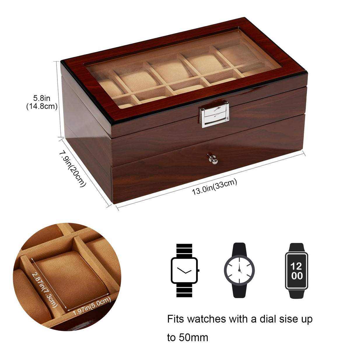 Homruilink 10-Slot Wooden Watch Box, Wood Watch Case with Drawer, Watch Display Box with Glass Lid, 2-Layer Watch Holder for Jewelry and Watch Storage for Men Women Homruilink