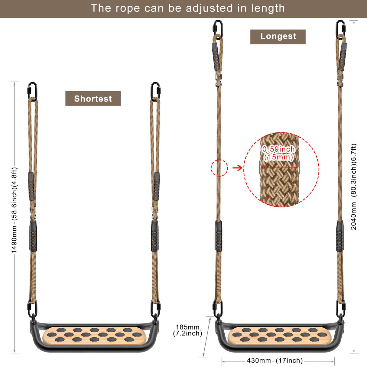 Dolibest Wooden Swing Seat, Outdoor Tree Swings for Adults and Kids, Comfortable and Non-Slip Swing Seat, Heavy Duty Steel Tubing Structure with Adjustable Rope, 58-80 inch, 500 LB Capacity Dolibest