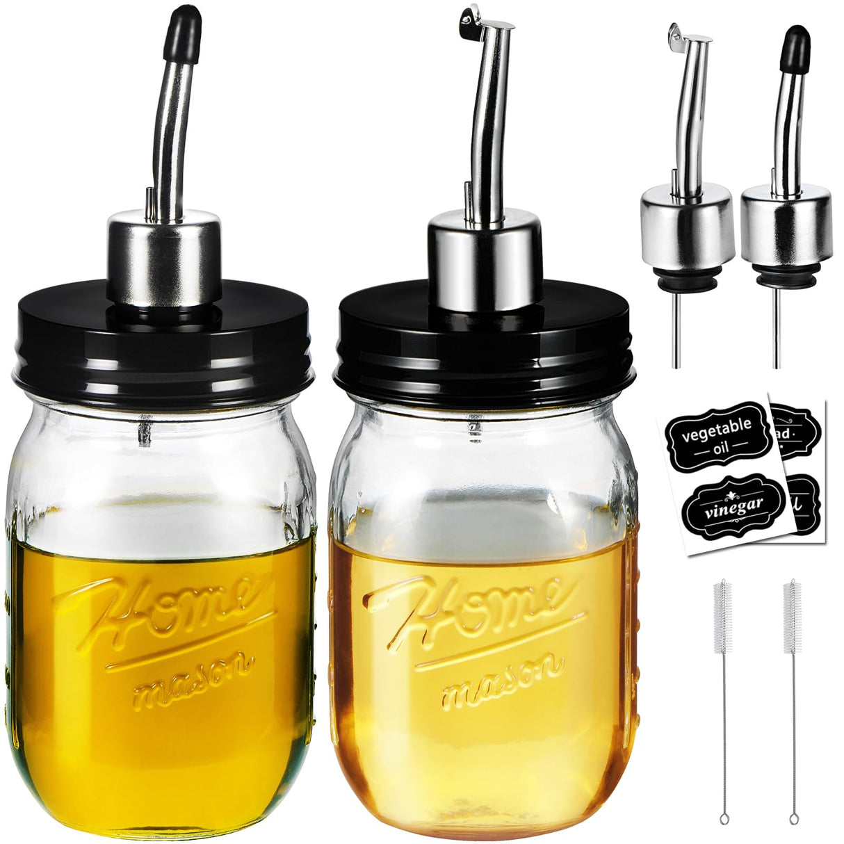 SheeChung Oil Dispenser Bottle for Kitchen, Mason Jar Glass Olive Oil Bottle, 16oz Vinegar Dispenser Set with Brush, Stainless Steel Pour Spout, Rustic Farmhouse Kitchen Decor 2 Pack SheeChung