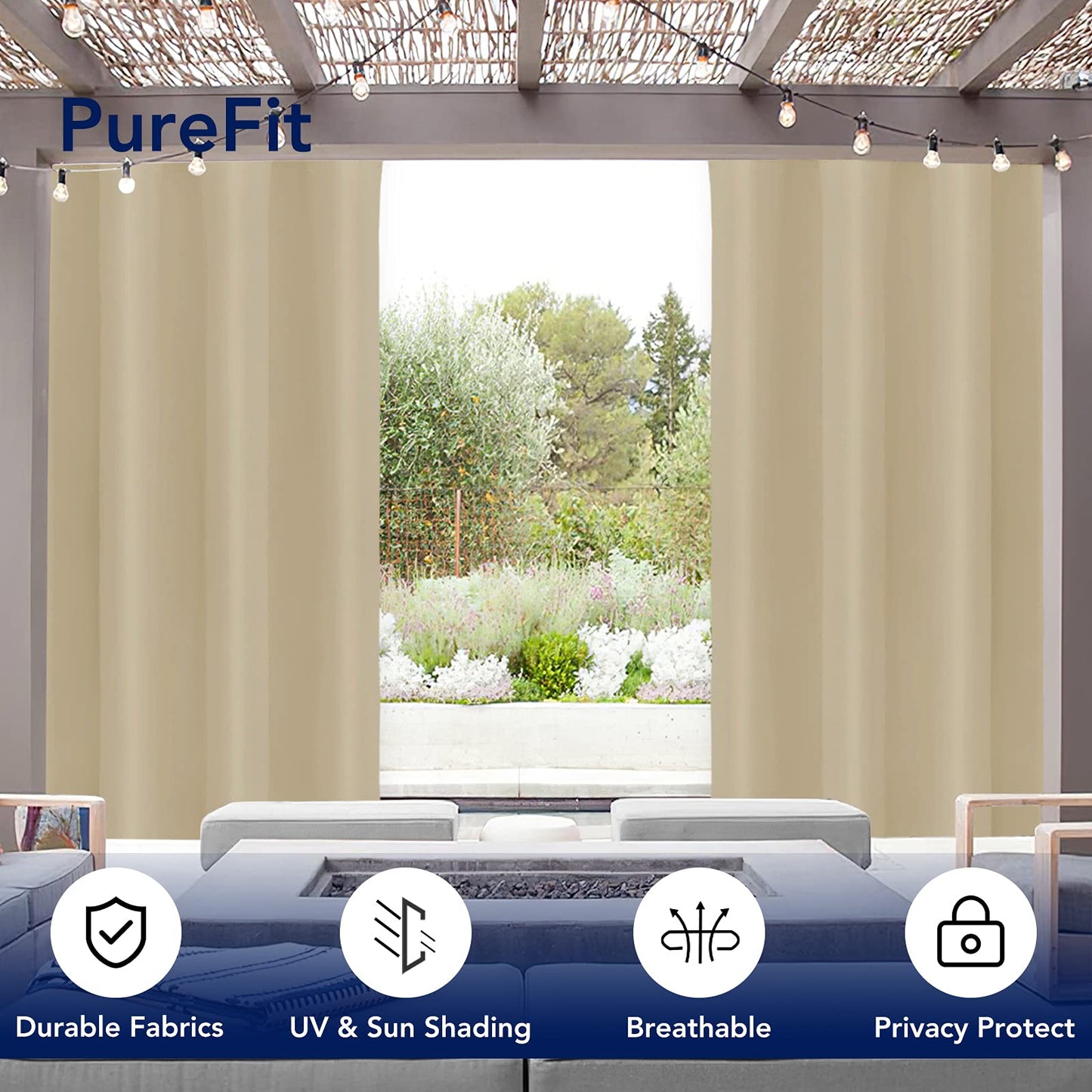 PureFit Outdoor Curtains for Patio Waterproof Weatherproof, UV and Fade Resistant Outside Curtains for Gazebo, Front Porch, Pergola, Sun Blocking Privacy Curtain, 52W x 95L inch, 1 Panel, Beige