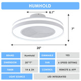 HUMHOLD Smart Low Profle Ceiling Fans with 3-Dimmable Light Remote/APP Control, 20" Bladeless Ceiling Fans with 6 Speeds, Timer, Quiet DC Motor, Ceiling Fan with Light for Kids Bedroom/Living Room HUMHOLD
