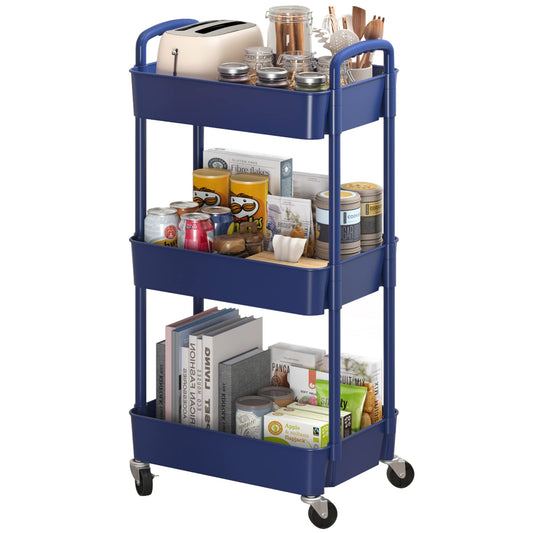 Sywhitta 3-Tier Plastic Rolling Utility Cart with Handle, Multi-Functional Storage Trolley for Office, Living Room, Kitchen, Movable Storage Organizer with Wheels, Blue - WoodArtSupply