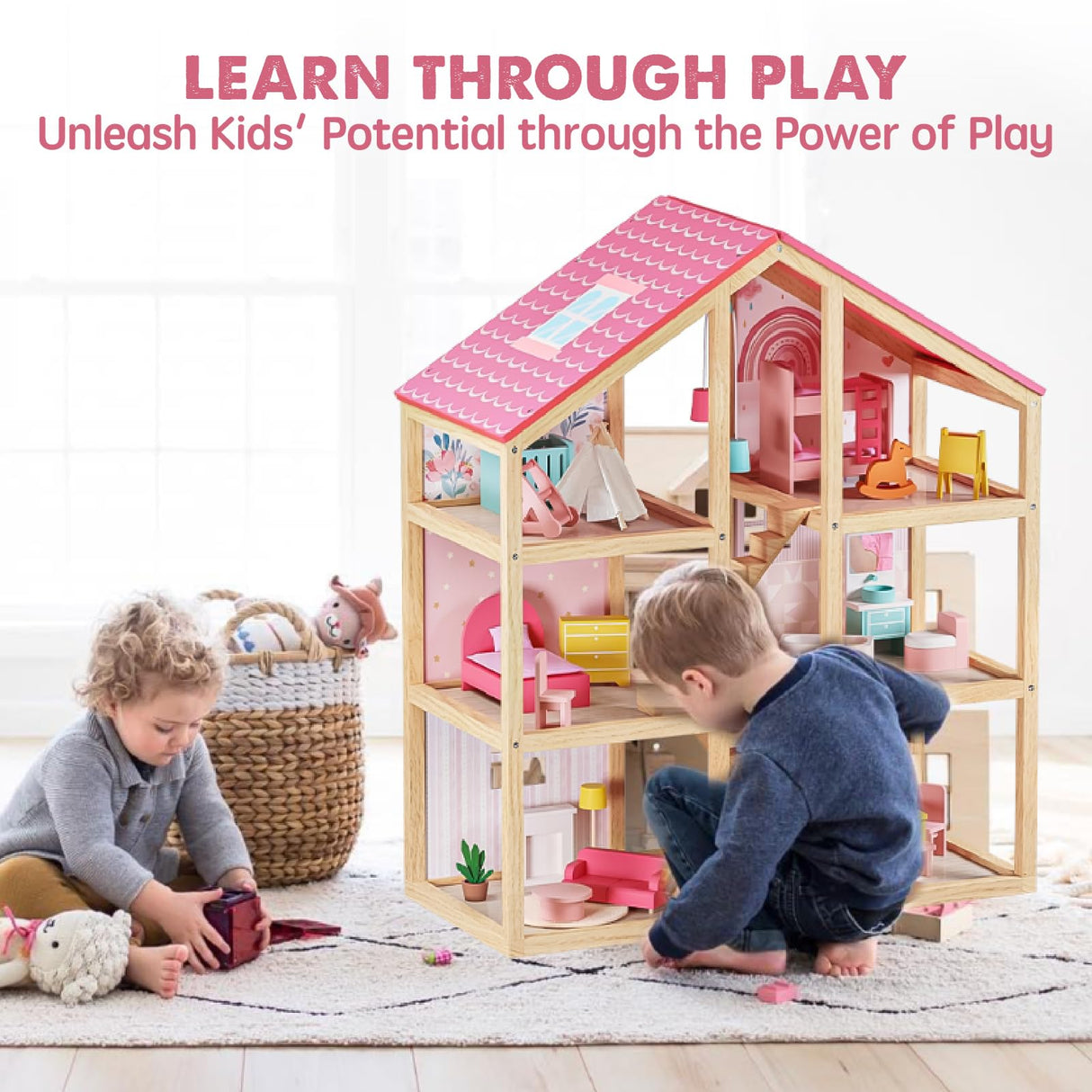 Tiny Land Wooden Dollhouse for Girls - 6 Rooms Wooden Doll House, DIY Pretend Dream House with 30Pcs Furniture Accessories, Gift for Girl Ages 3+ Tiny Land