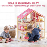 Tiny Land Wooden Dollhouse for Girls - 6 Rooms Wooden Doll House, DIY Pretend Dream House with 30Pcs Furniture Accessories, Gift for Girl Ages 3+ Tiny Land