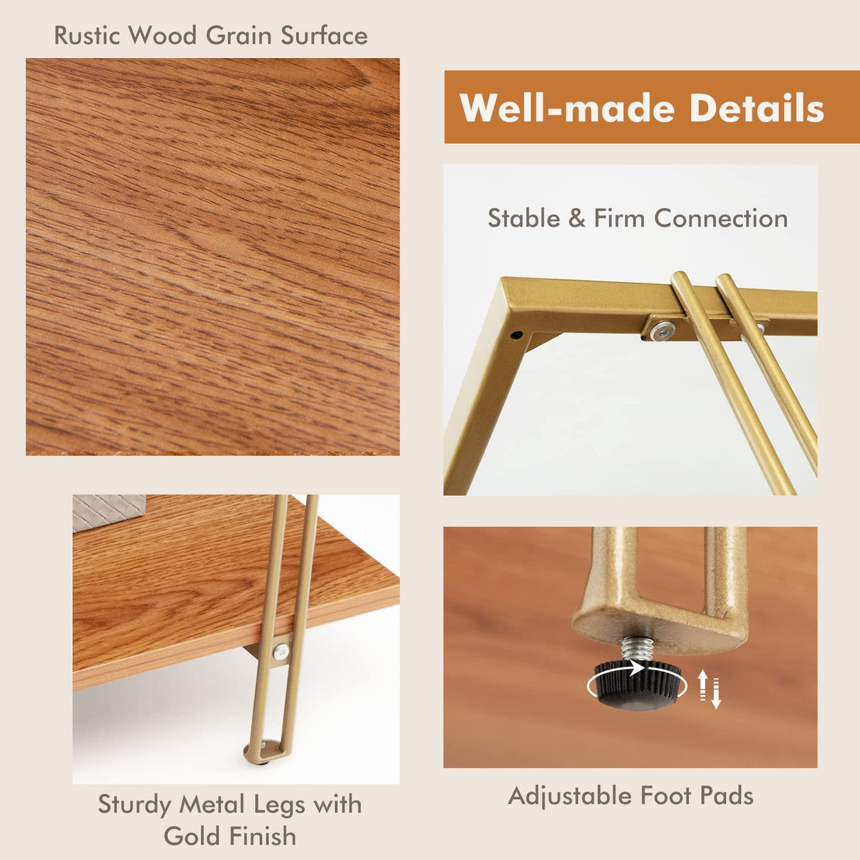 Tangkula Glass Coffee Table, 40In Mid Century 2 Tier Rectangle Coffee Table, Tempered Glass Top & Wood Storage Shelf, Steel Frame, Adjustable Feet, Modern Cocktail Accent Table for Living Room (Gold) Tangkula