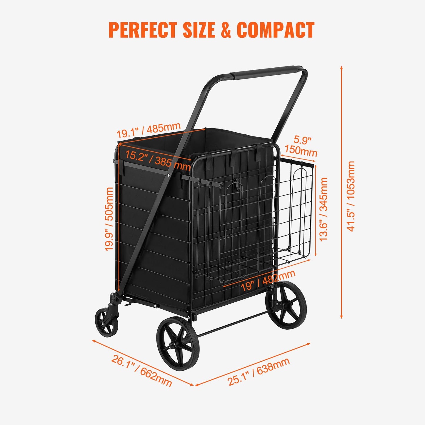 VEVOR Folding Shopping Cart with Removable Waterproof Liner, 330LBS Large Capacity Jumbo Grocery Cart with Dual Basket, 360° Swivel Wheels, Dense Metal Mesh Base, Heavy Duty Utility Cart for  - WoodArtSupply