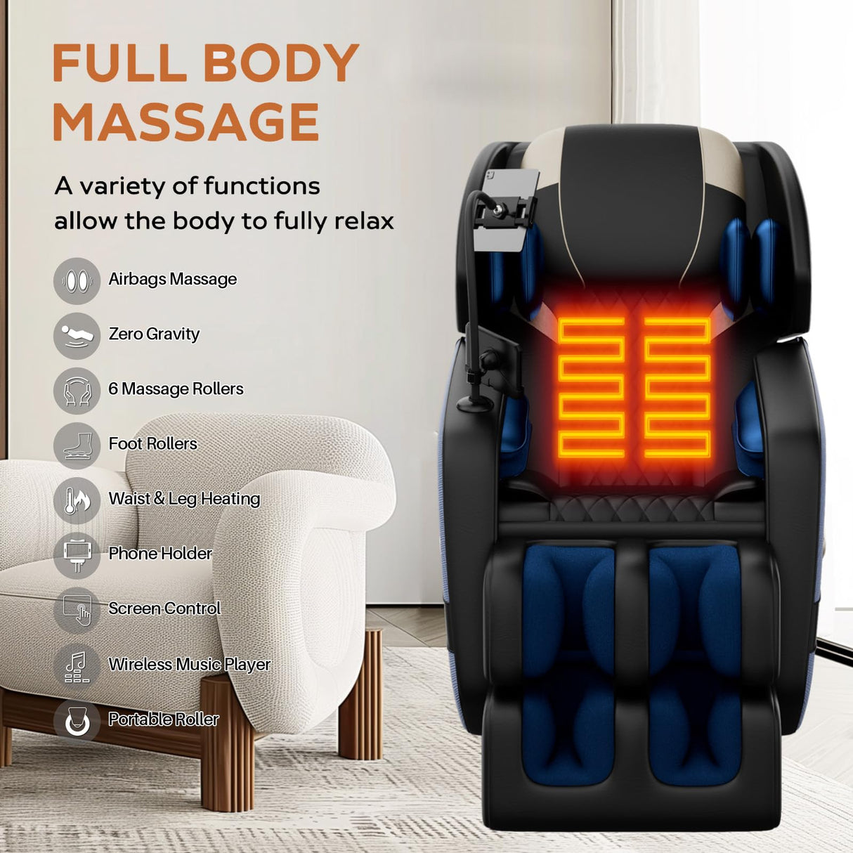 Massage Chair Full Body, Zero Gravity Massage Chair with Auto Modes, Airbag Massage, 6 Fix Point Rollers, Foot Massage, Heating, Touch Screen Controller, Home Relaxation Recliner with Massage, Blue Msutree