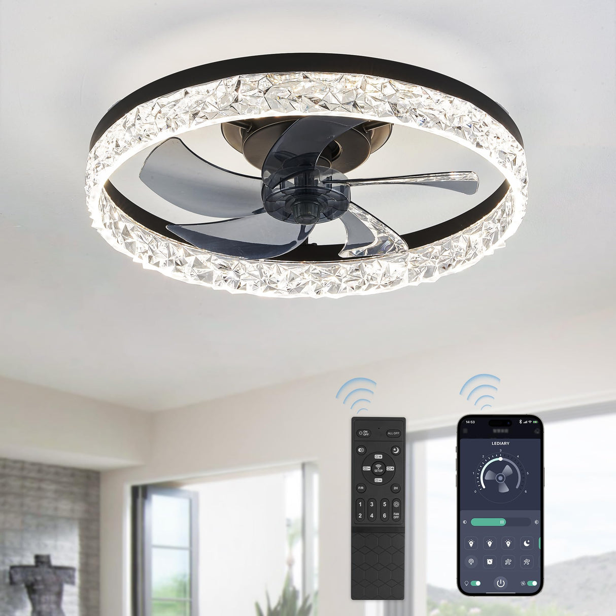 LEDIARY 20" Modern Ceiling Fans with Lights and Remote, Dimmable Low Profile Ceiling Fan, Flush Mount Ceiling Fan, Stepless Color Temperature Change and 6 Speeds - Black LEDIARY