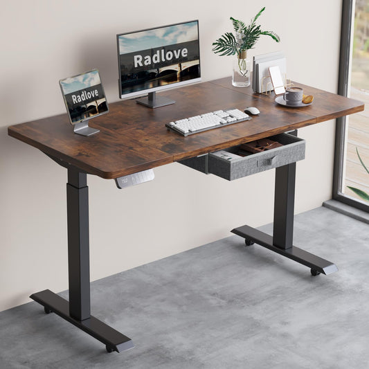 Radlove Dual Motors Height Adjustable 55 x 30'' Electric Standing Desk with Drawer Stand Up Table 4 Memory Keys, Computer Desk with Splice Board Home Office Desk, Rustic Brown Top + Black Fra - WoodArtSupply