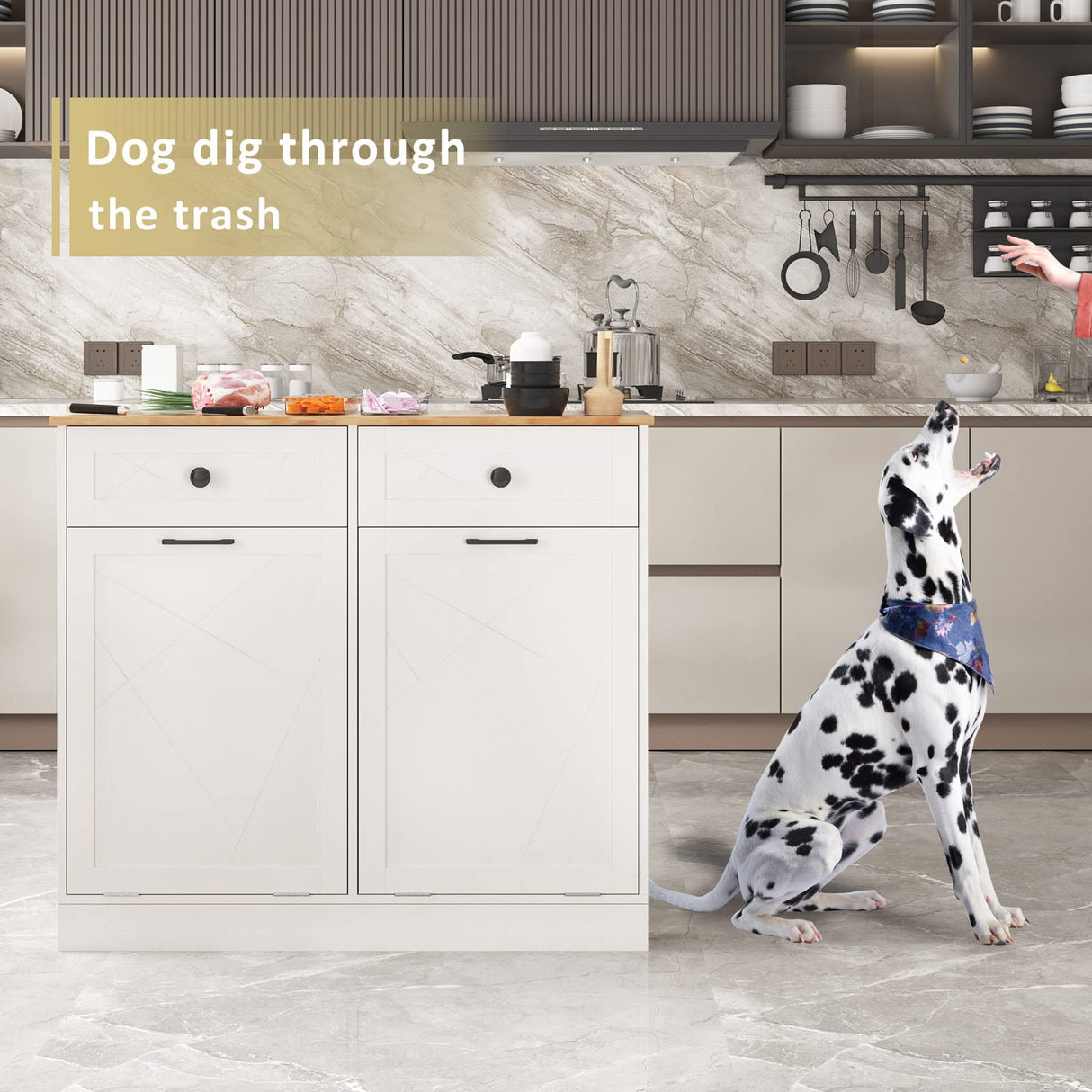 Vabches Trash Cabinet Double Trash Can, Dog Proof Tilt Out Trash Bin Holder, Hideaway Free Standing Recycling Cabinet with 2 Drawers for Kitchen Living Room White Vabches