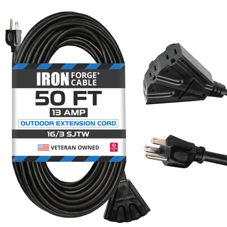 Iron Forge Cable 50 Ft Black Extension Cord with 3 Outlet, 16/3 Weatherproof 50’ Outdoor Extension Cord Multiple Outlets, 50 Foot 3 Prong Cable, Great for Outdoor Lights, Landscaping & Lawn IRON FORGE CABLE