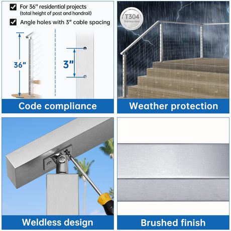 Muzata Stair Cable Railing Post 36 Inch for 25-35 Degrees Stair 36"x2"x2" Surface Mount Brushed T304 Stainless Steel Cable Railing System Kit Indoor Outdoor with Paper User Guide PS01 LA4S Muzata